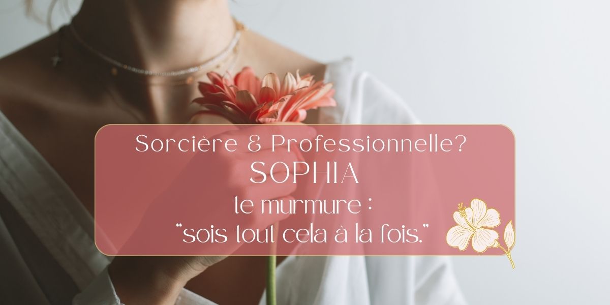 Femme élégante en train de réconcilier sa part sorcière et professionnelle, une fleur sur le coeur